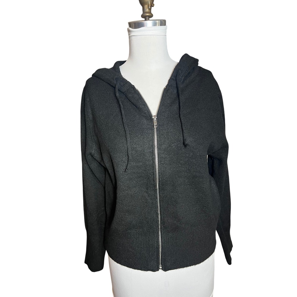 Zenana Black Zip Up Hooded Knit Sweater Long Sleeve  Women Small‎